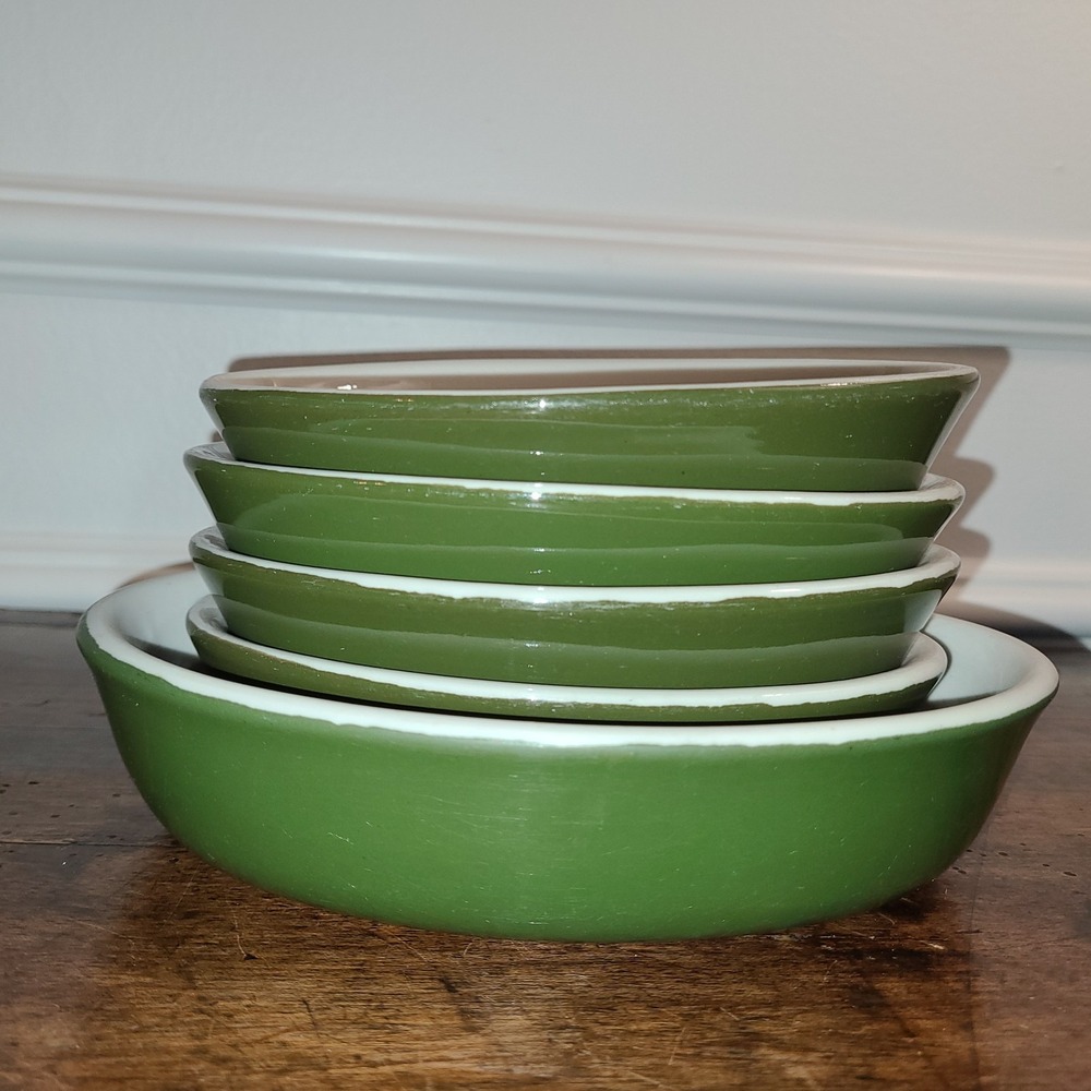 4 Vtg Hall 550 & (1) 573 Pottery Oval Baking Au Gratin Dishes Dark Green 6-1/4"